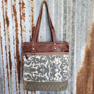 Myra Large Gray Canvas, Camo Pattern Tote, Front and Back Pockets